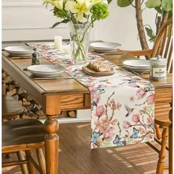 Table Runner 13x72in Woven Polyester Floral with Butterflies Pastel - Picture 2 of 3